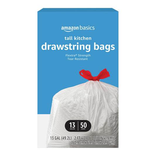 Amazon Basics Flextra Tall Kitchen Drawstring Trash Bags, 13 Gallon, 120 Count