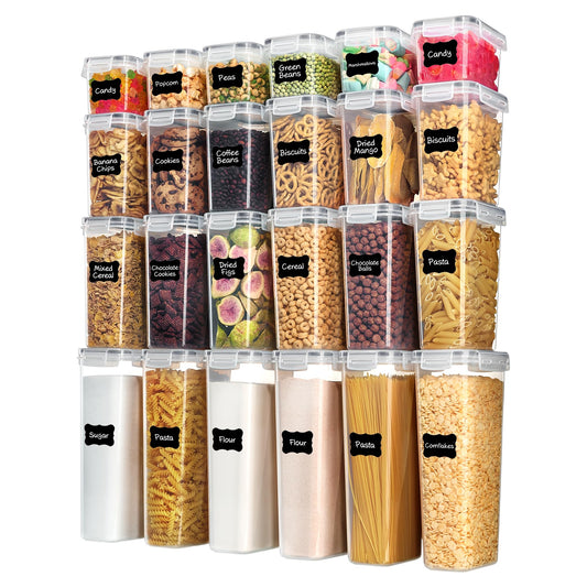 Airtight Food Storage Containers with Lids, Vtopmart 24 pcs Plastic Kitchen and Pantry Organization Canisters for Cereal, Dry Food, Flour and Sugar, BPA Free, Includes 24 Labels,Black