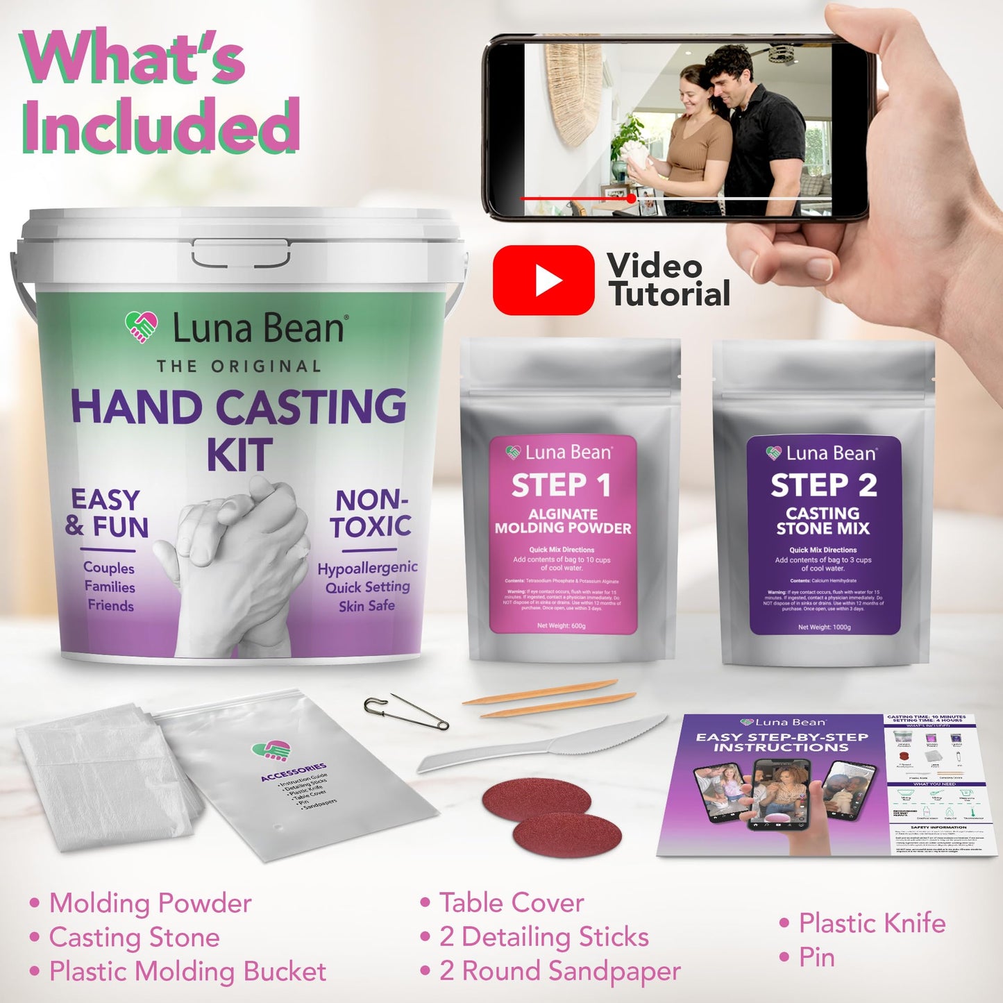 Luna Bean Hand Casting Kit – The Original Hand Mold Kit – Mothers Day Gifts for Mom - Anniversary Engagement Gifts for Women Men Couples Wife Boyfriend Girlfriend Wedding Bridal Shower