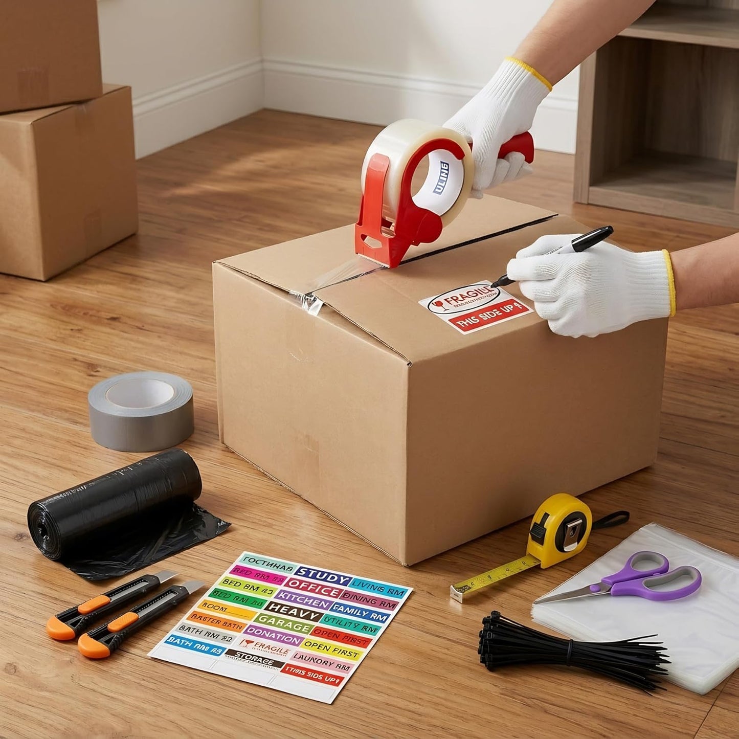 Moving Kit, Packing Supplies Set, Moving Supplies: Tape, Tape Dispenser, Duct Tape, Scissors, Utility Knifes