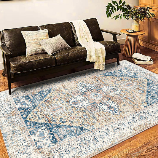 CHAMPLANT Area Rug 4x6 Washable Rug Gray Vintage Traditional Floor Cover Foldable Thin Retro Accent Indoor Distressed Non Slip Carpet Floral Print Mat Bedroom Living Room Bathroom