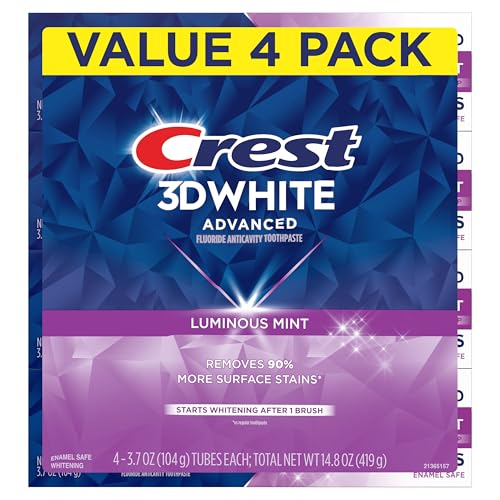 Crest 3D White Advanced Luminous Mint Teeth Whitening Toothpaste, Crest Toothpaste, 3.7 oz Pack of 4 - Helps Remove Surface Stains, Whitens Teeth, Strengthens Tooth Enamel, Protects Against Cavities