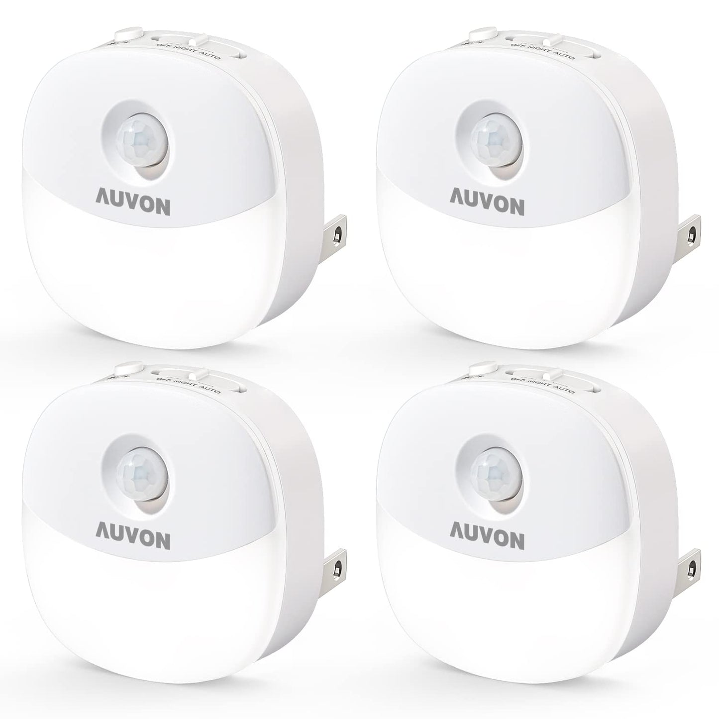 AUVON Plug in Night Light with Motion Sensor and Dusk to Dawn Sensor, Mini Warm White LED Nightlight with 1-50 lm Adjustable Brightness for Bathroom, Hallway, Stairs, Bedroom, Kitchen, 4 Packs