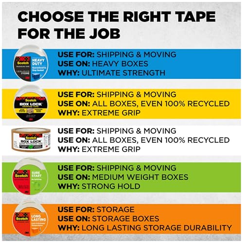 Scotch Heavy Duty Shipping Packing Tape, Clear, Packing Tape for Moving Boxes and Packaging Supplies, 1.88 in. x 22.2 yd., 6 Roll Dispensers, Moving Supplies