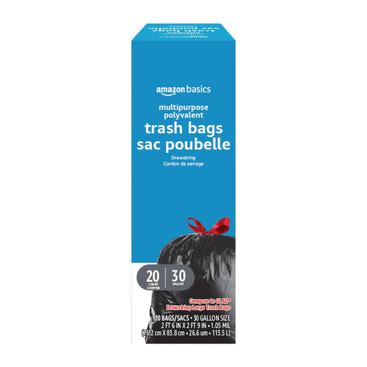 Amazon Basics Multipurpose Drawstring Trash Bags, 30 Gallon Capacity, Tear Resistant, 50 Count (Previously Solimo)