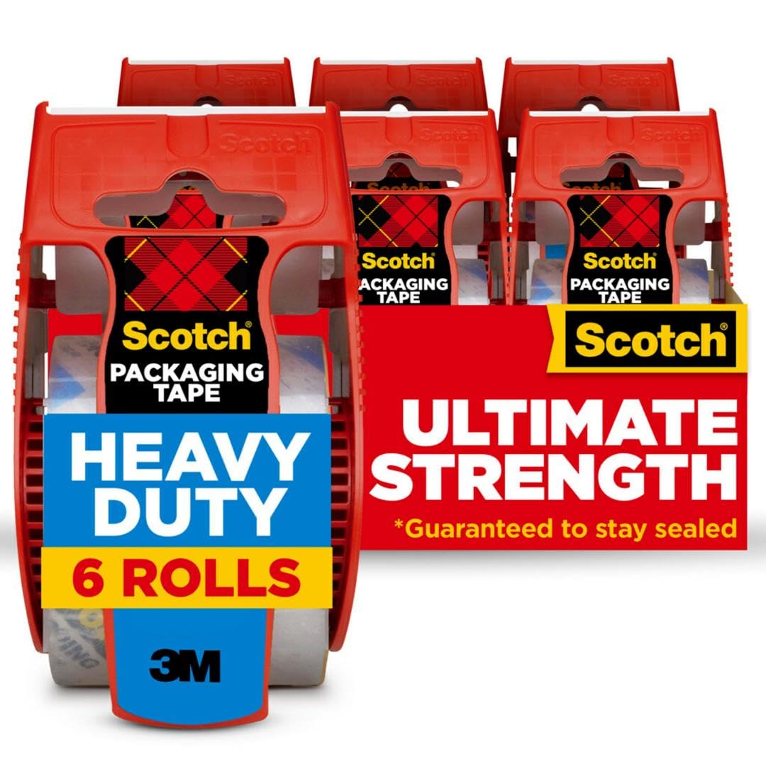 Scotch Heavy Duty Shipping Packing Tape, Clear, Packing Tape for Moving Boxes and Packaging Supplies, 1.88 in. x 22.2 yd., 6 Roll Dispensers, Moving Supplies
