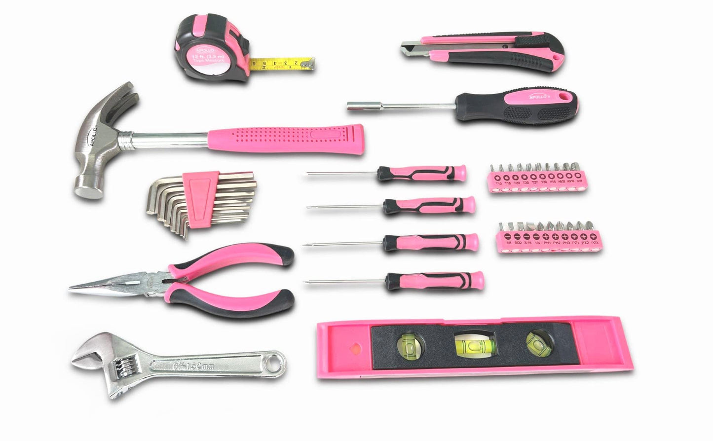 Apollo Tools Original 39 Piece General Household Tool Set in Toolbox Storage Case with Essential Hand Tools for Everyday Home Repairs, DIY and Crafts - Pink Ribbon - Pink - DT9706P