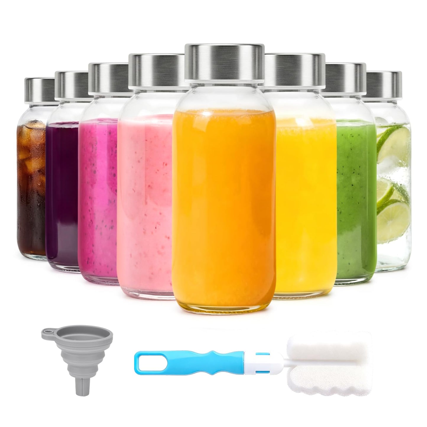 Luxfuel Clear Glass Bottles with Lids 18 oz, Reusable Glass Water Bottles with Stainless Steel Cap for Refrigerator, Juicing, 100% Leak Proof, BPA Free, Juice Bottle Drinking Jar Containers Set of 6