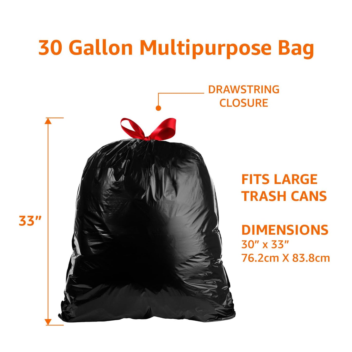 Amazon Basics Multipurpose Drawstring Trash Bags, 30 Gallon Capacity, Tear Resistant, 50 Count (Previously Solimo)