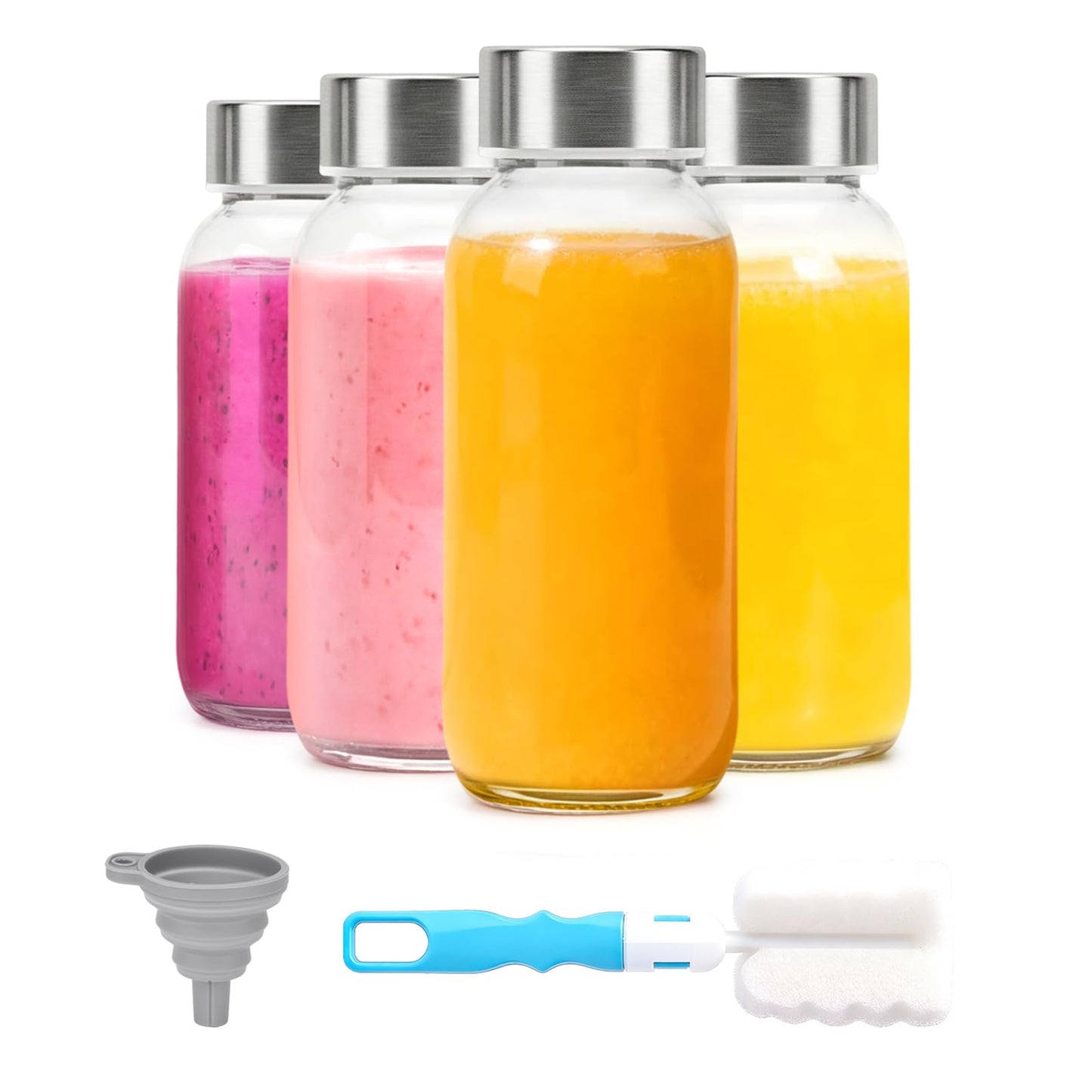 Luxfuel Clear Glass Bottles with Lids 18 oz, Reusable Glass Water Bottles with Stainless Steel Cap for Refrigerator, Juicing, 100% Leak Proof, BPA Free, Juice Bottle Drinking Jar Containers Set of 6