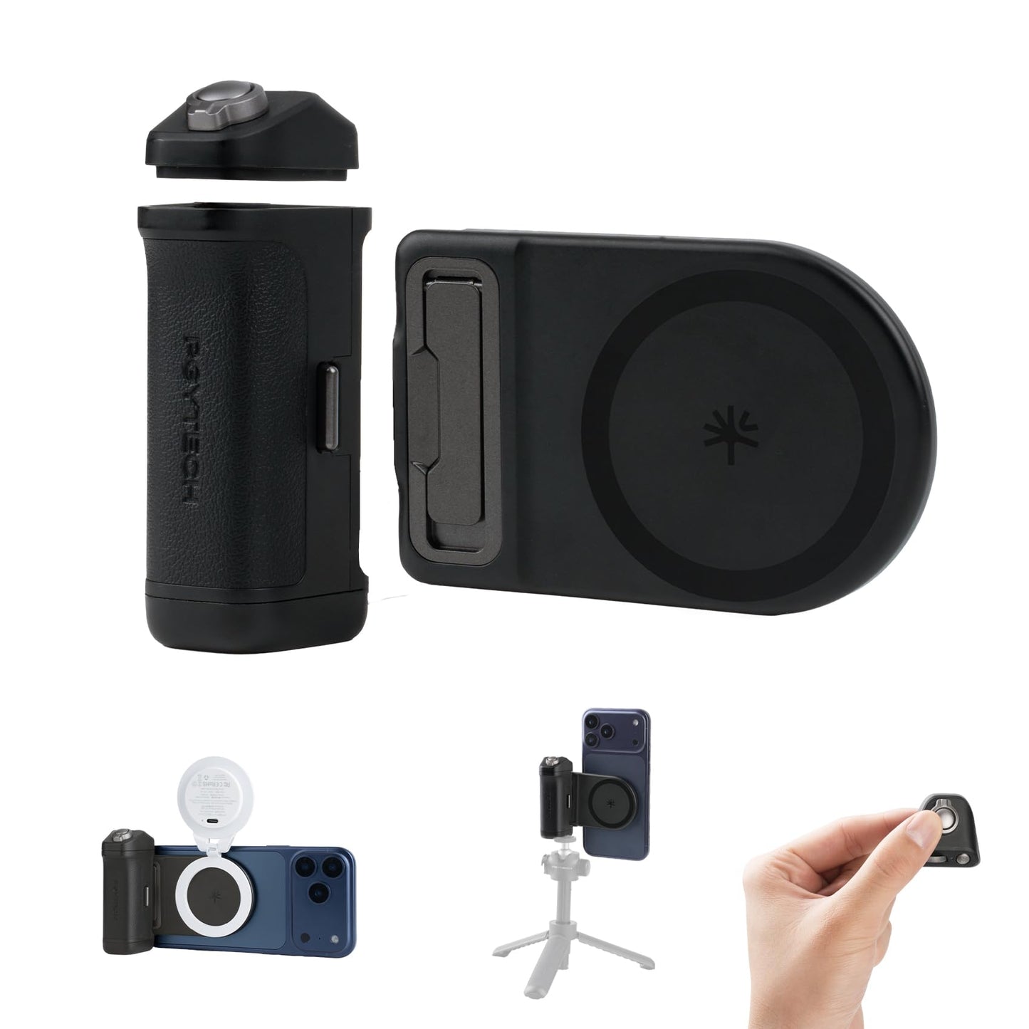 PGYTECH MagCam Phone Camera Grip with App, Built in 3000mAh Powerbank/Detachable Bluetooth Remote/Phone Stand, 3-in-1 Magnetic Camera Phone Grip with MagSafe Wireless Charging, Grey