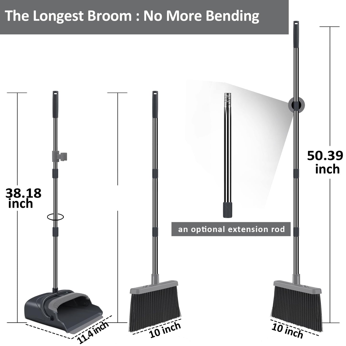 kelamayi Upgrade Broom and Dustpan Set, Self-Cleaning with Dustpan Teeth, Indoor&Outdoor Sweeping, Ideal for Dog Cat Pets Home Use, Stand Up Broom and Dustpan (Gray&Orange)