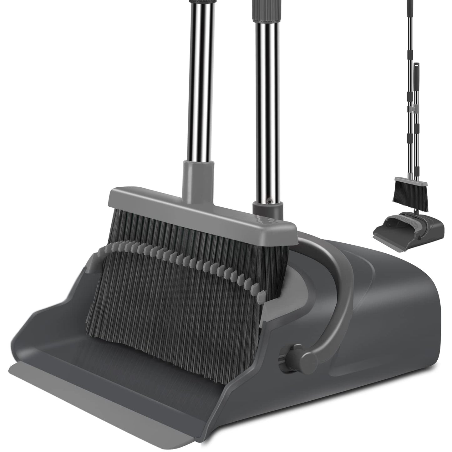 kelamayi Upgrade Broom and Dustpan Set, Self-Cleaning with Dustpan Teeth, Indoor&Outdoor Sweeping, Ideal for Dog Cat Pets Home Use, Stand Up Broom and Dustpan (Gray&Orange)