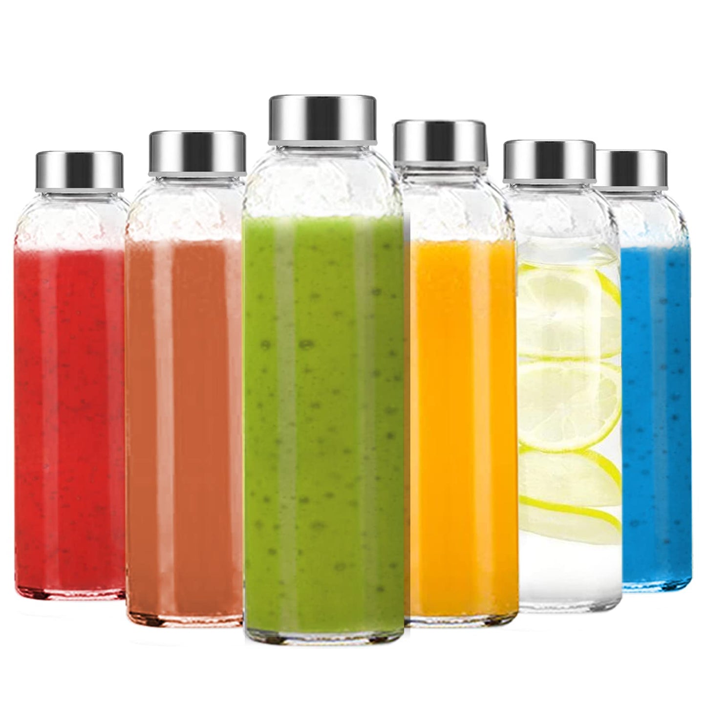 Luxfuel Clear Glass Bottles with Lids 18 oz, Reusable Glass Water Bottles with Stainless Steel Cap for Refrigerator, Juicing, 100% Leak Proof, BPA Free, Juice Bottle Drinking Jar Containers Set of 6