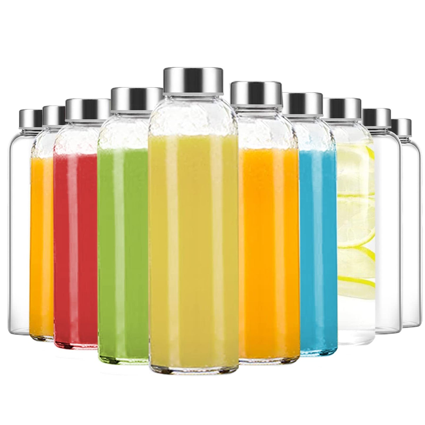 Luxfuel Clear Glass Bottles with Lids 18 oz, Reusable Glass Water Bottles with Stainless Steel Cap for Refrigerator, Juicing, 100% Leak Proof, BPA Free, Juice Bottle Drinking Jar Containers Set of 6