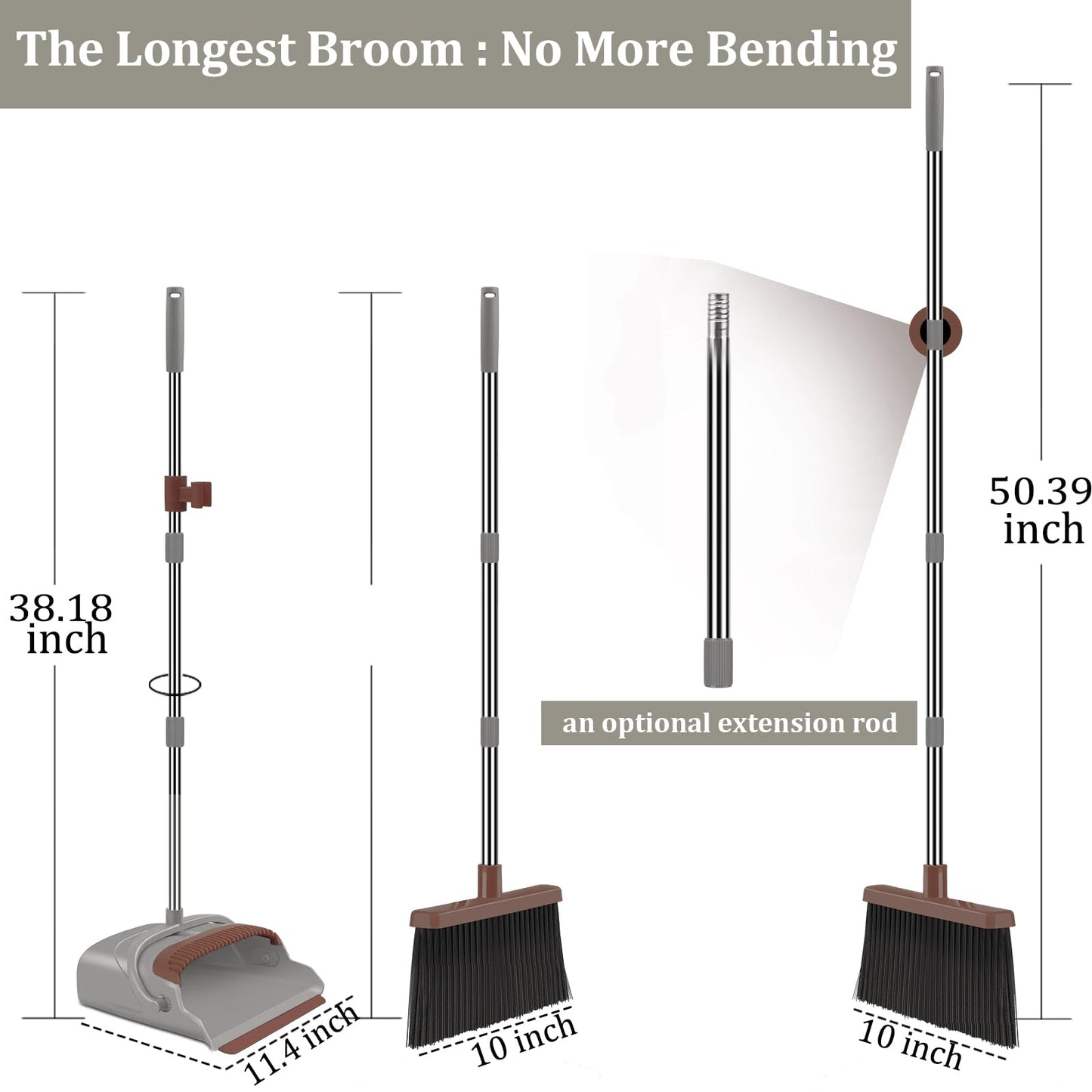 kelamayi Upgrade Broom and Dustpan Set, Self-Cleaning with Dustpan Teeth, Indoor&Outdoor Sweeping, Ideal for Dog Cat Pets Home Use, Stand Up Broom and Dustpan (Gray&Orange)