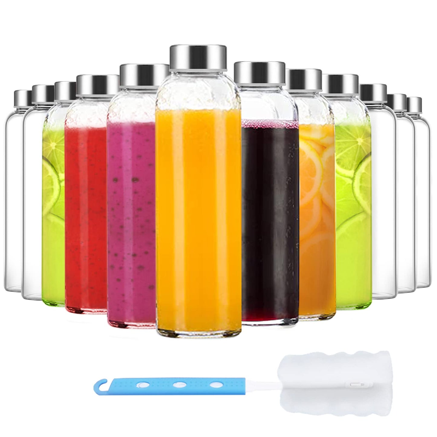 Luxfuel Clear Glass Bottles with Lids 18 oz, Reusable Glass Water Bottles with Stainless Steel Cap for Refrigerator, Juicing, 100% Leak Proof, BPA Free, Juice Bottle Drinking Jar Containers Set of 6