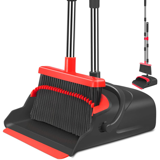 kelamayi Upgrade Broom and Dustpan Set, Self-Cleaning with Dustpan Teeth, Indoor&Outdoor Sweeping, Ideal for Dog Cat Pets Home Use, Stand Up Broom and Dustpan (Gray&Orange)