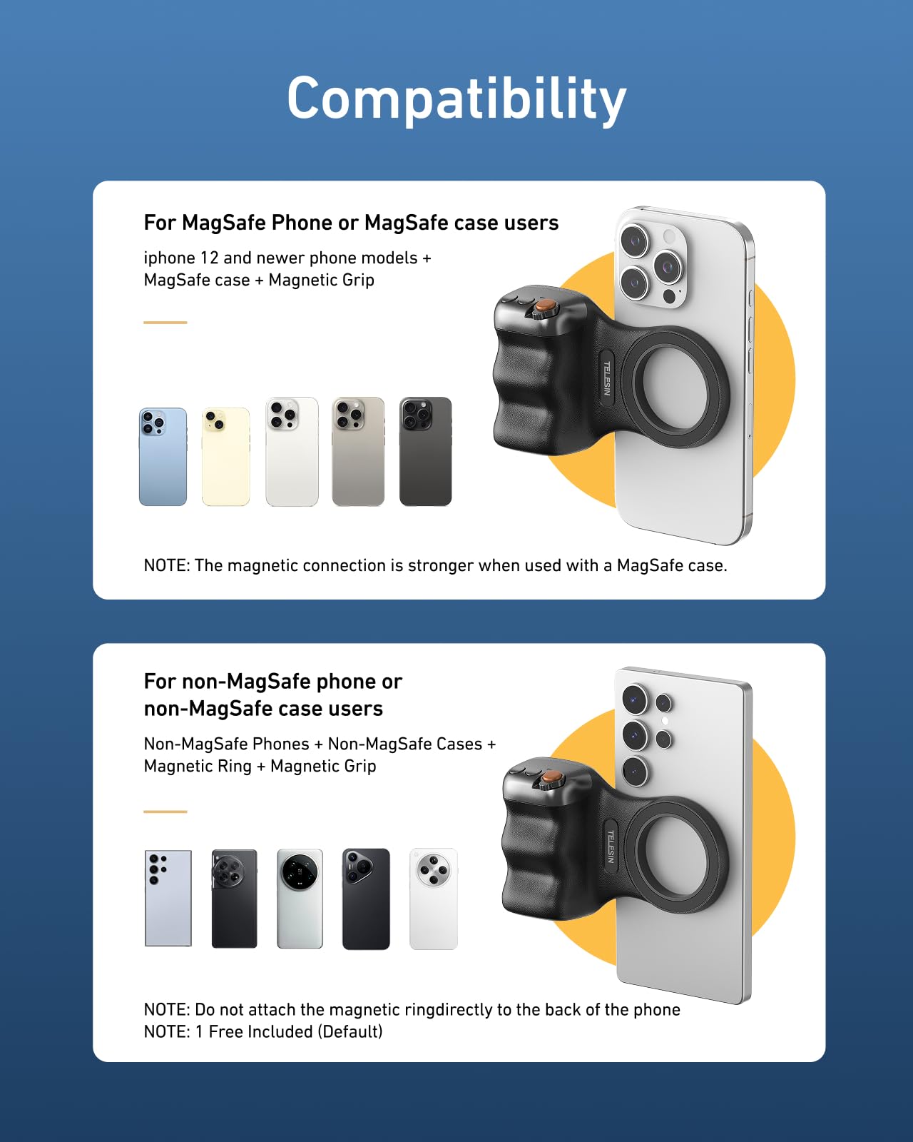 TELESIN Upgraded Magnetic Phone Camera DSLR Style Shutter Grip for iPhone & Android with Anti-Drop Detachable Wireless Shutter Button - 1/4" Screw - FunShot Comfort Ergonomic Camera Grip Handle Holder