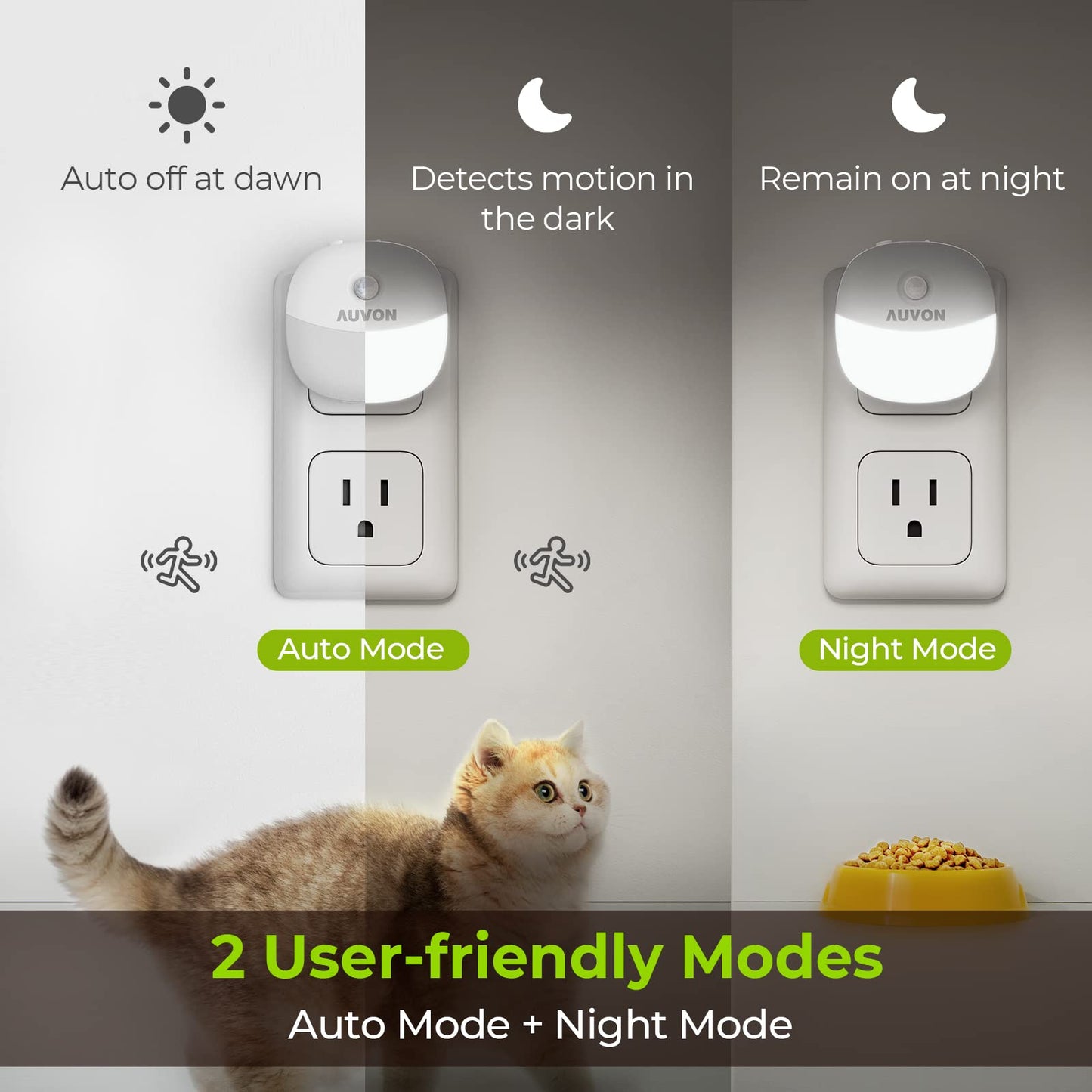 AUVON Plug in Night Light with Motion Sensor and Dusk to Dawn Sensor, Mini Warm White LED Nightlight with 1-50 lm Adjustable Brightness for Bathroom, Hallway, Stairs, Bedroom, Kitchen, 4 Packs