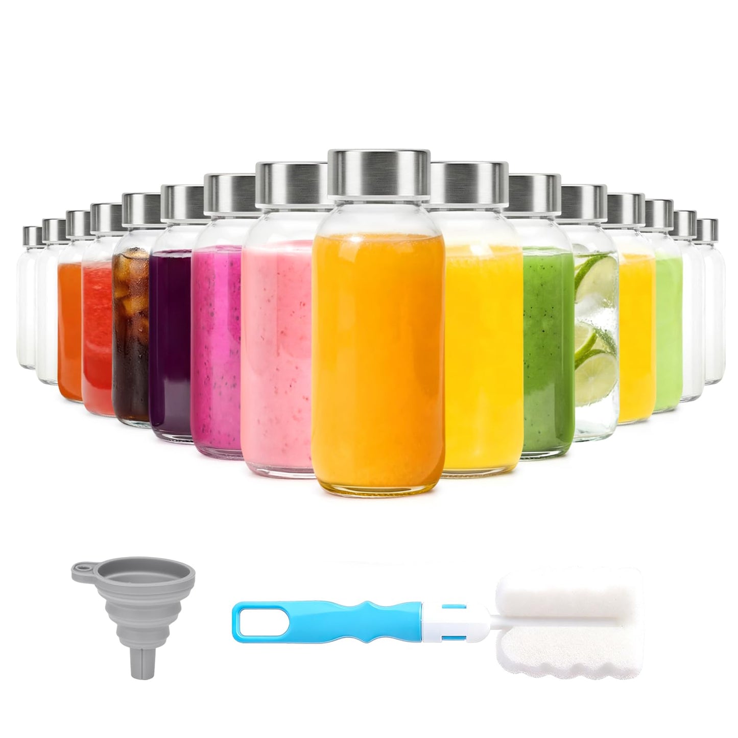 Luxfuel Clear Glass Bottles with Lids 18 oz, Reusable Glass Water Bottles with Stainless Steel Cap for Refrigerator, Juicing, 100% Leak Proof, BPA Free, Juice Bottle Drinking Jar Containers Set of 6