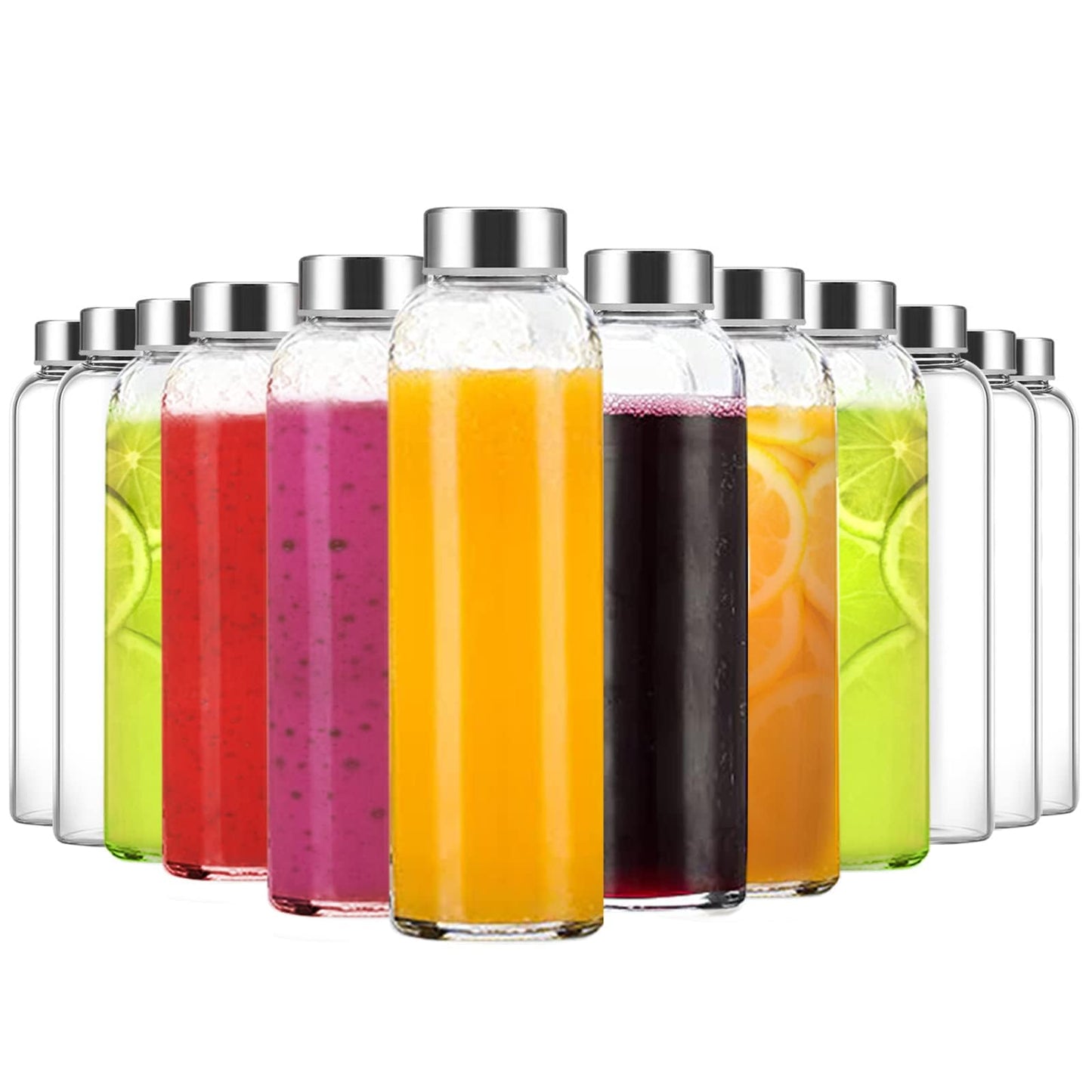 Luxfuel Clear Glass Bottles with Lids 18 oz, Reusable Glass Water Bottles with Stainless Steel Cap for Refrigerator, Juicing, 100% Leak Proof, BPA Free, Juice Bottle Drinking Jar Containers Set of 6