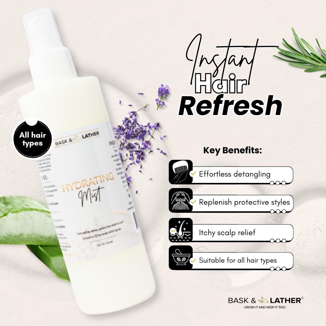 BASK & LATHER Moisture & Seal Bundle | Hair Elixir + Scalp Stimulator Oil + Balm + Hydrating Mist | Complete Natural Haircare System for Growth & Hydration
