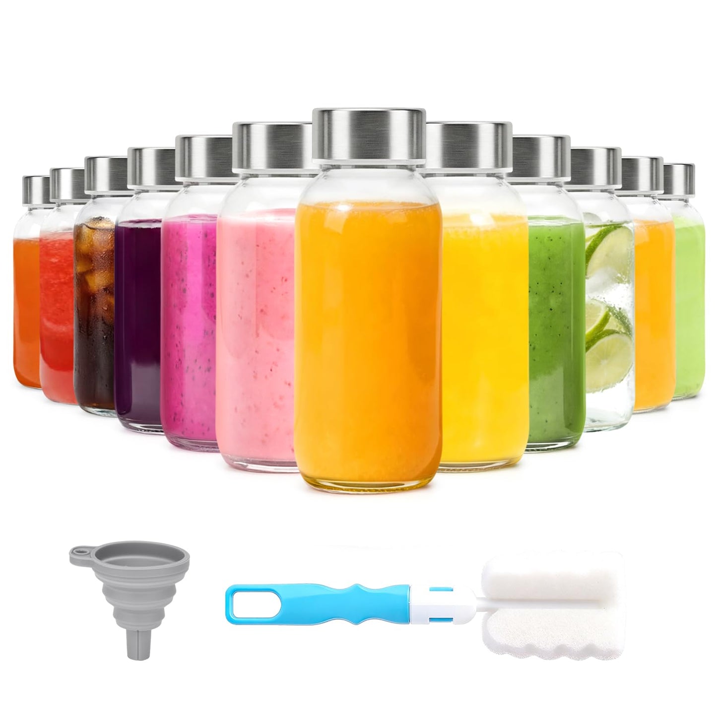Luxfuel Clear Glass Bottles with Lids 18 oz, Reusable Glass Water Bottles with Stainless Steel Cap for Refrigerator, Juicing, 100% Leak Proof, BPA Free, Juice Bottle Drinking Jar Containers Set of 6