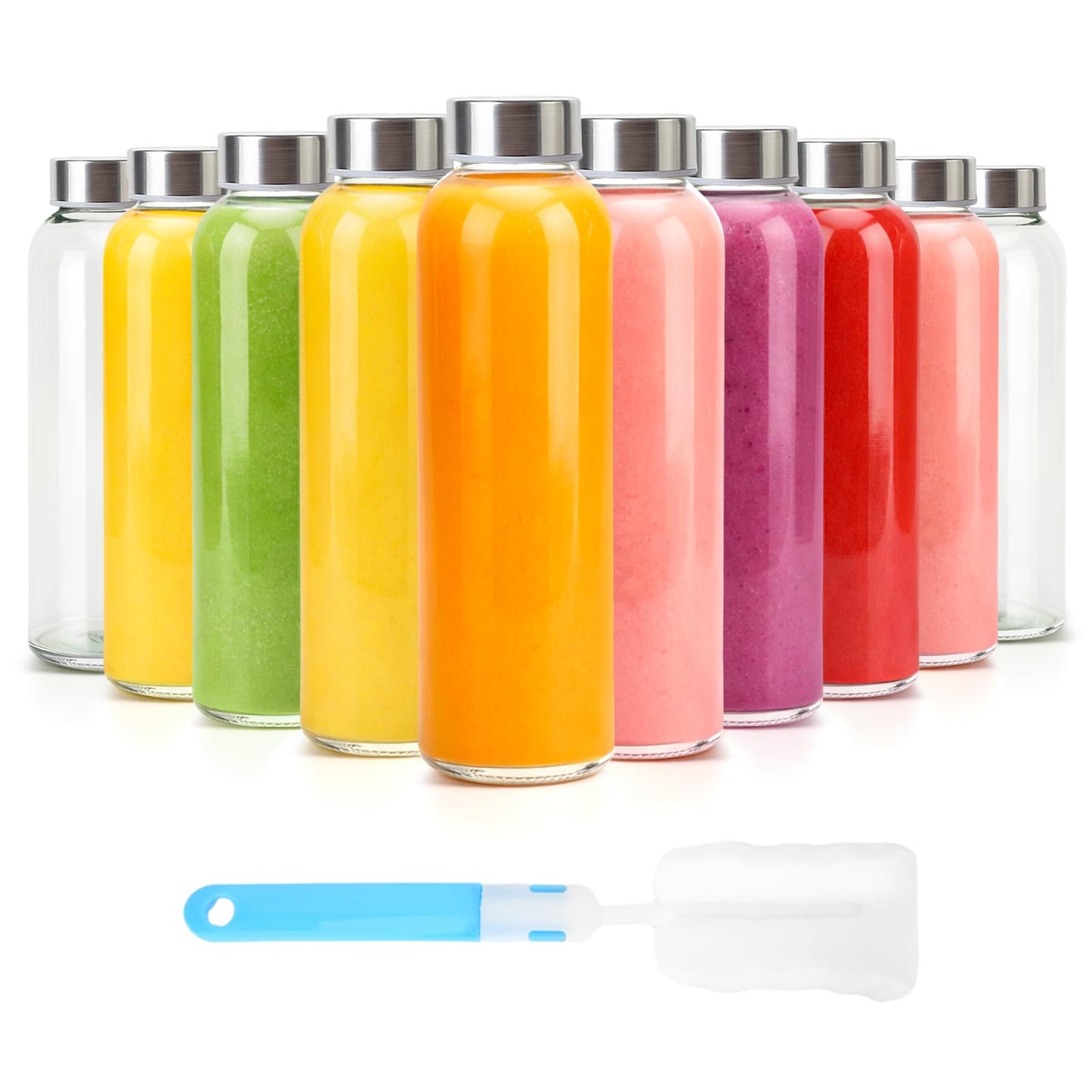 Luxfuel Clear Glass Bottles with Lids 18 oz, Reusable Glass Water Bottles with Stainless Steel Cap for Refrigerator, Juicing, 100% Leak Proof, BPA Free, Juice Bottle Drinking Jar Containers Set of 6