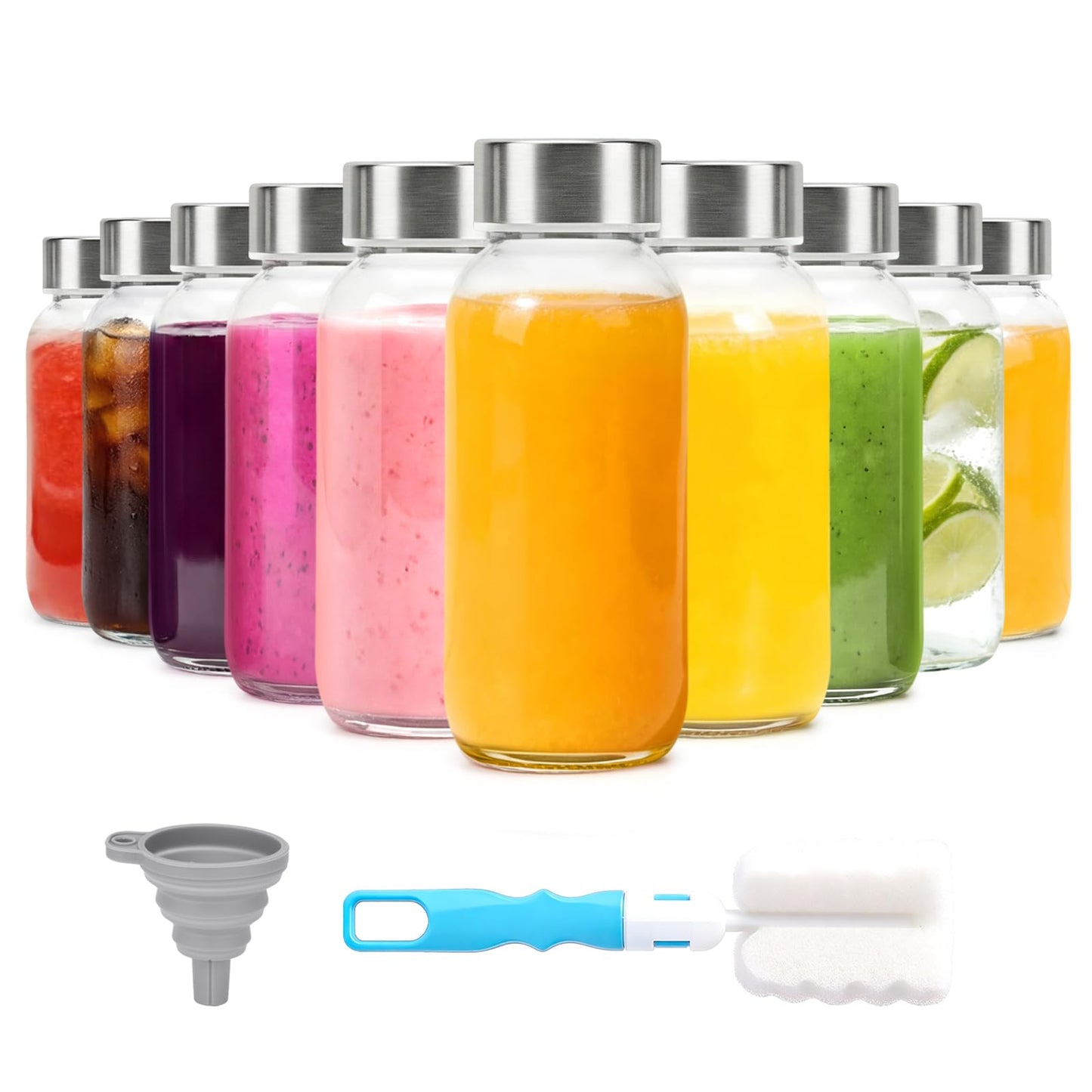 Luxfuel Clear Glass Bottles with Lids 18 oz, Reusable Glass Water Bottles with Stainless Steel Cap for Refrigerator, Juicing, 100% Leak Proof, BPA Free, Juice Bottle Drinking Jar Containers Set of 6