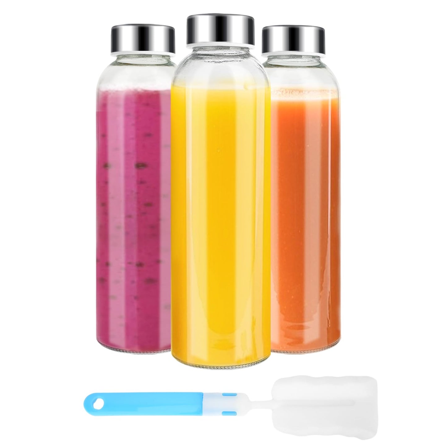 Luxfuel Clear Glass Bottles with Lids 18 oz, Reusable Glass Water Bottles with Stainless Steel Cap for Refrigerator, Juicing, 100% Leak Proof, BPA Free, Juice Bottle Drinking Jar Containers Set of 6