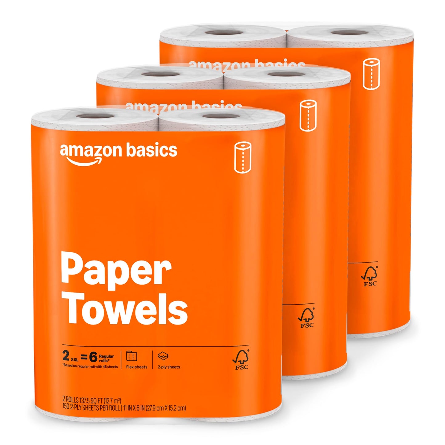 Amazon Basics 2-Ply Flex-Sheets Paper Towels, 12 Basics Rolls = 40 Regular Rolls, Everyday Value with 150 Sheets per Roll, Packaging May Vary