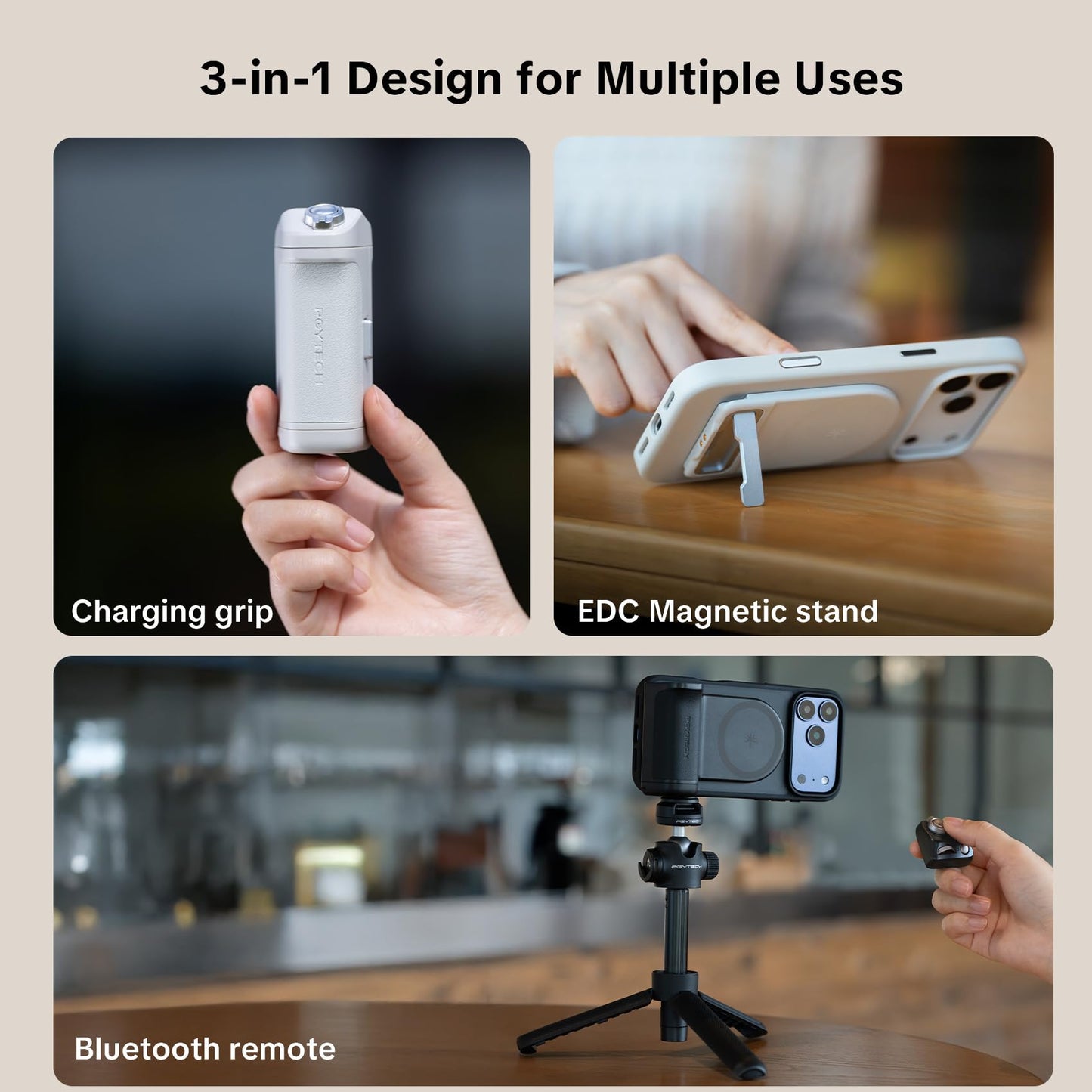 PGYTECH MagCam Phone Camera Grip with App, Built in 3000mAh Powerbank/Detachable Bluetooth Remote/Phone Stand, 3-in-1 Magnetic Camera Phone Grip with MagSafe Wireless Charging, Grey