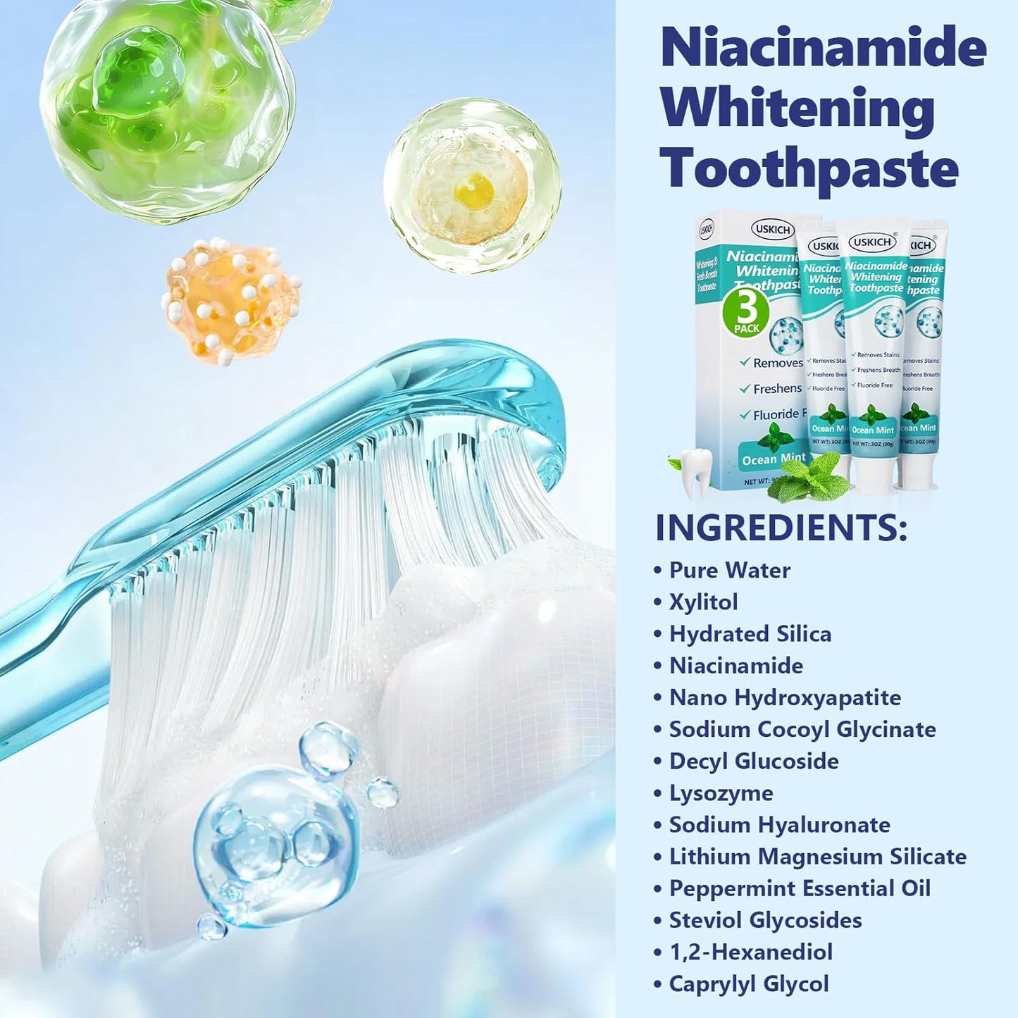 7.5% Nano-Hydroxyapatite Toothpaste,3 Pack Fresh Breath Whitening Toothpaste for Remineralizing Enamel & Sensitive Relief,Antiplaque,Natural Peppermint,Fluoride-Free