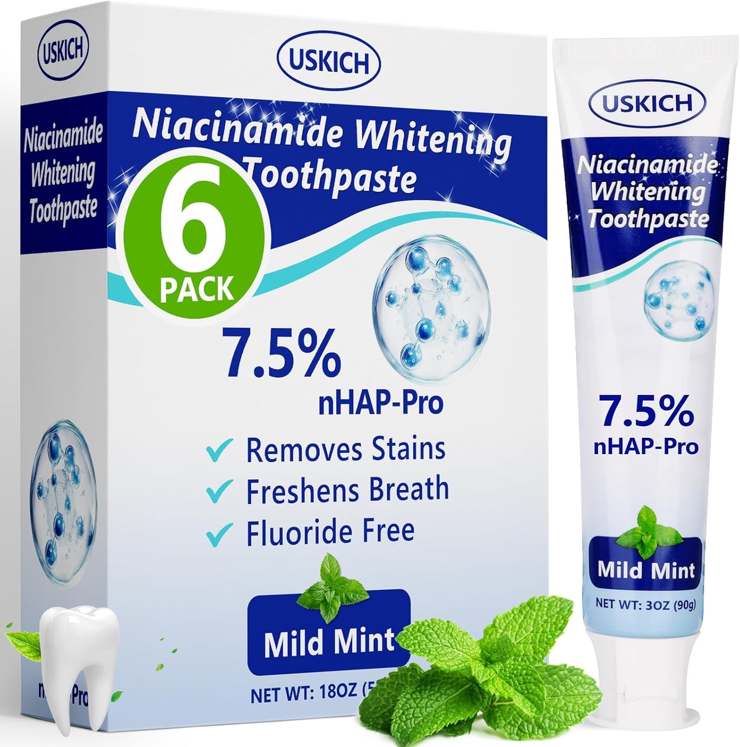 7.5% Nano-Hydroxyapatite Toothpaste,3 Pack Fresh Breath Whitening Toothpaste for Remineralizing Enamel & Sensitive Relief,Antiplaque,Natural Peppermint,Fluoride-Free
