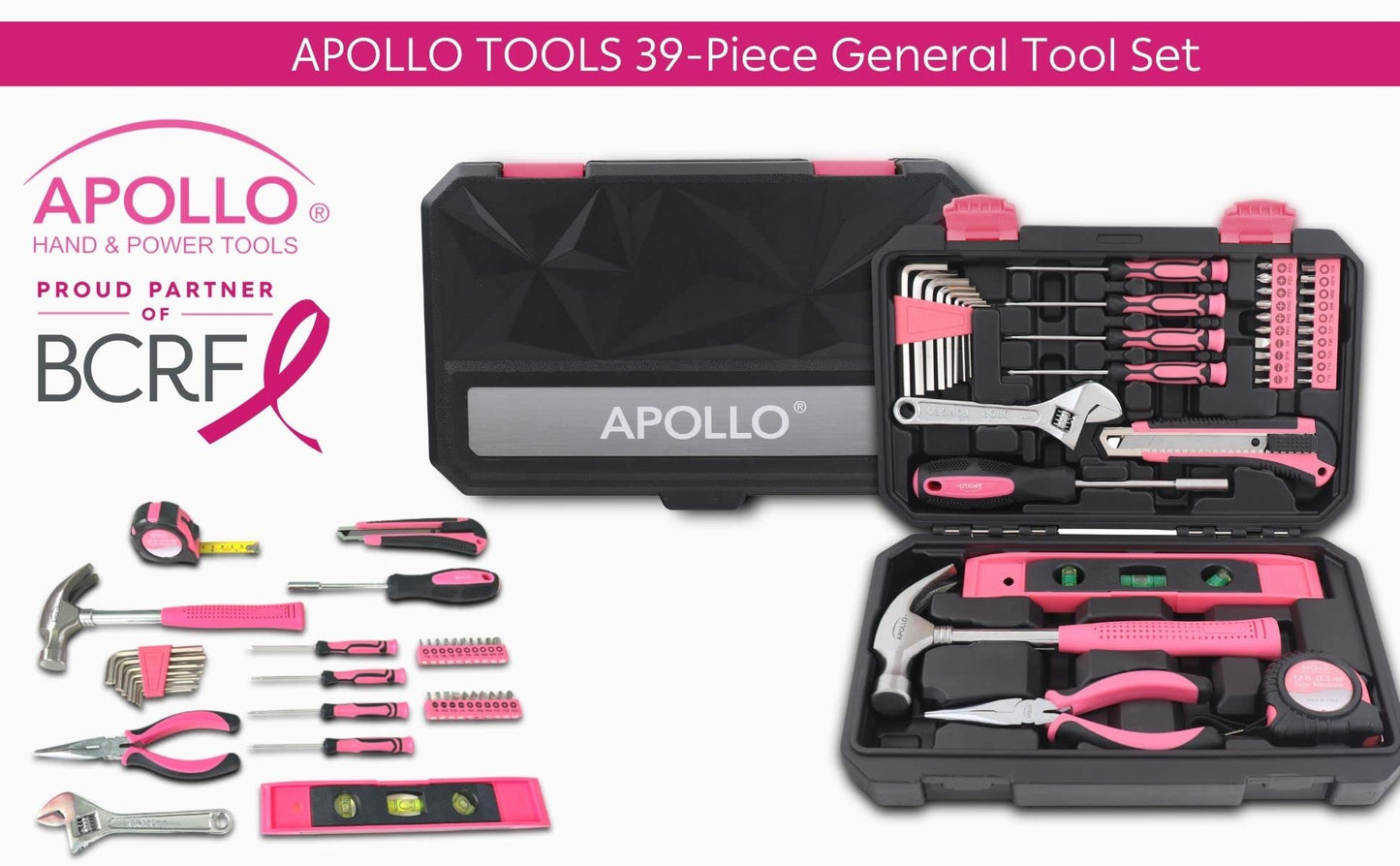 Apollo Tools Original 39 Piece General Household Tool Set in Toolbox Storage Case with Essential Hand Tools for Everyday Home Repairs, DIY and Crafts - Pink Ribbon - Pink - DT9706P