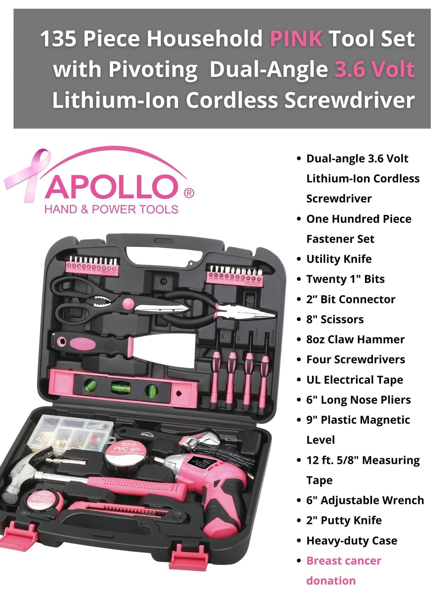 Apollo Tools Original 39 Piece General Household Tool Set in Toolbox Storage Case with Essential Hand Tools for Everyday Home Repairs, DIY and Crafts - Pink Ribbon - Pink - DT9706P