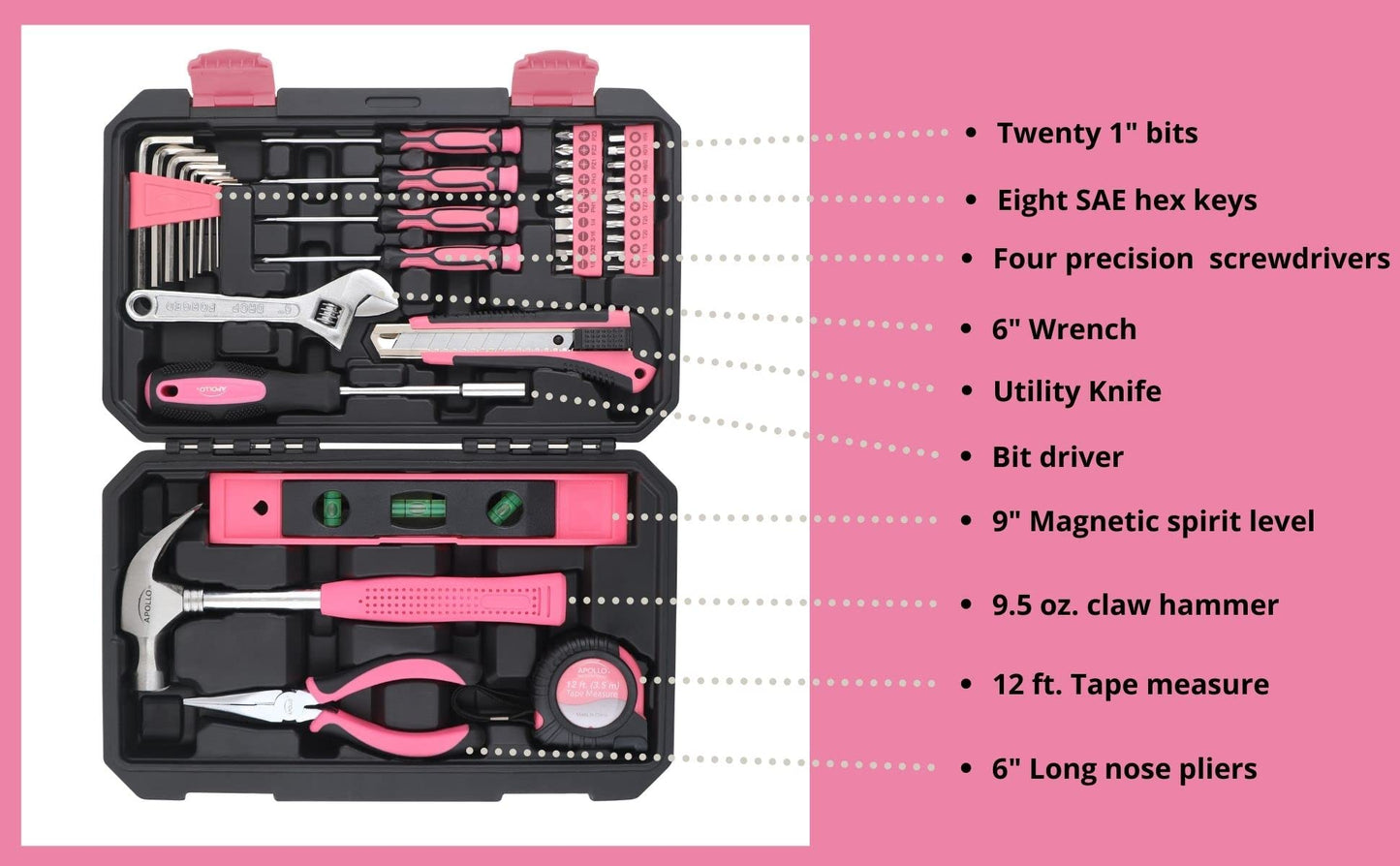 Apollo Tools Original 39 Piece General Household Tool Set in Toolbox Storage Case with Essential Hand Tools for Everyday Home Repairs, DIY and Crafts - Pink Ribbon - Pink - DT9706P