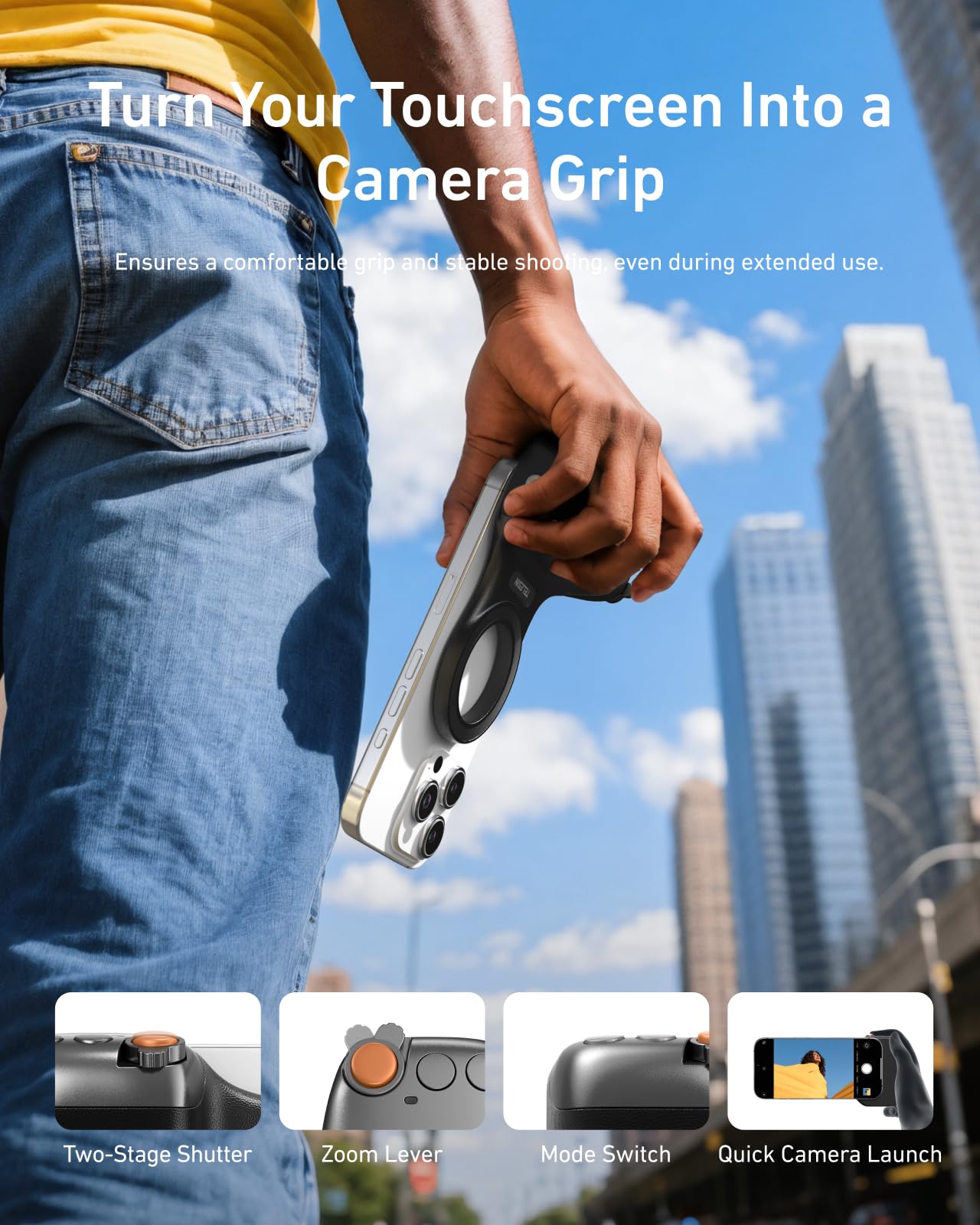TELESIN Upgraded Magnetic Phone Camera DSLR Style Shutter Grip for iPhone & Android with Anti-Drop Detachable Wireless Shutter Button - 1/4" Screw - FunShot Comfort Ergonomic Camera Grip Handle Holder