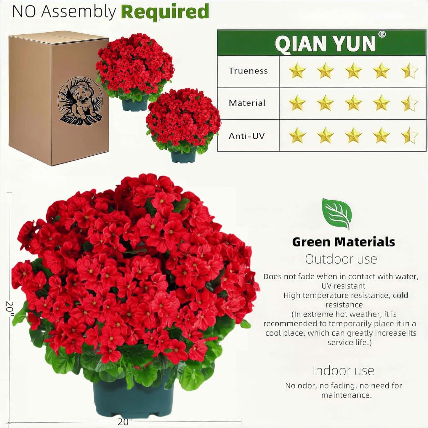 QIANYUN Artificial Geranium Bush – 20 Inch Outdoor Potted Artificial Plant for Front Porch, UV Resistant Faux Flower Bush for Garden, Yard & Patio Decor (2 Pack)