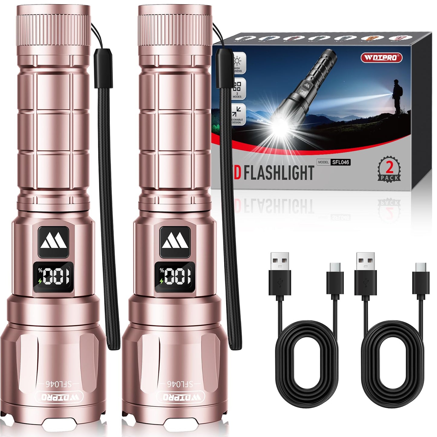 Wdtpro LED Rechargeable Flashlight 2Pack, 3Modes Super Bright High Lumens Flashlights, Zoomable Tactical Flashlight with LCD Display, IP65 Waterproof Flashlights for Home Emergency Camping & Gifts Men