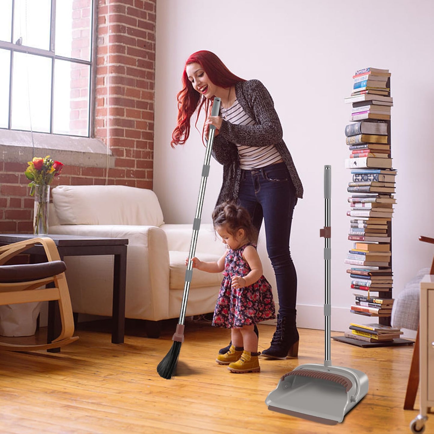 kelamayi Upgrade Broom and Dustpan Set, Self-Cleaning with Dustpan Teeth, Indoor&Outdoor Sweeping, Ideal for Dog Cat Pets Home Use, Stand Up Broom and Dustpan (Gray&Orange)