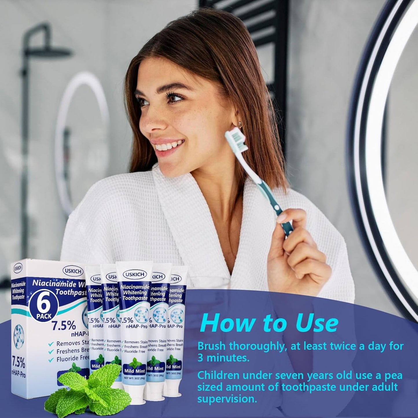 7.5% Nano-Hydroxyapatite Toothpaste,3 Pack Fresh Breath Whitening Toothpaste for Remineralizing Enamel & Sensitive Relief,Antiplaque,Natural Peppermint,Fluoride-Free