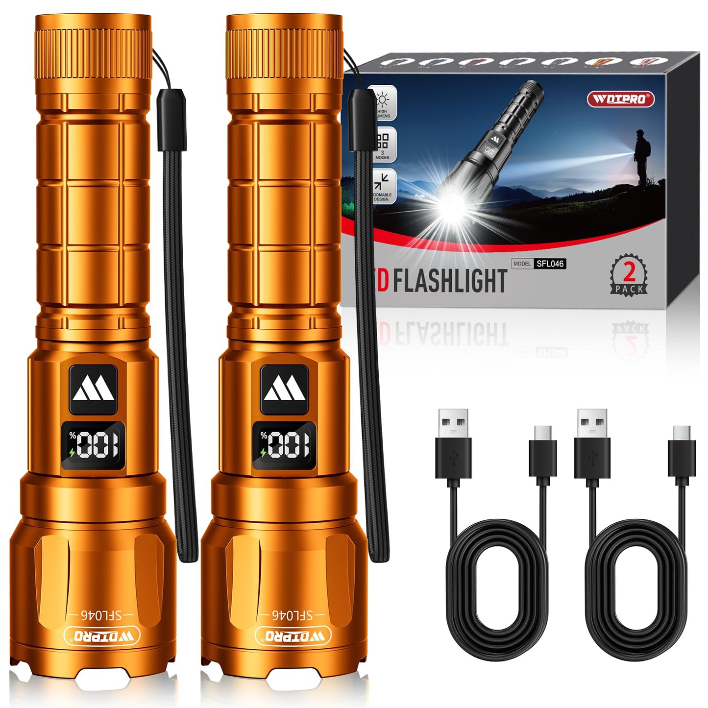 Wdtpro LED Rechargeable Flashlight 2Pack, 3Modes Super Bright High Lumens Flashlights, Zoomable Tactical Flashlight with LCD Display, IP65 Waterproof Flashlights for Home Emergency Camping & Gifts Men