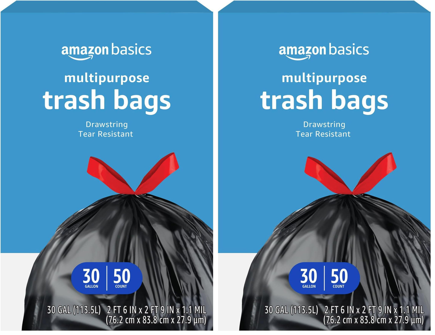 Amazon Basics Multipurpose Drawstring Trash Bags, 30 Gallon Capacity, Tear Resistant, 50 Count (Previously Solimo)