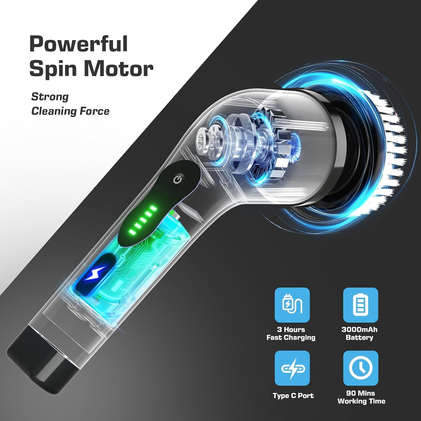 Kingwell Electric Spin Scrubber, Cordless Electric Scrubber for Cleaning with 9 Brush Heads, 2 Speeds,3 Adjustable Handle, 90Mins Work Time, Shower Scrubber for Bathroom, Tub, Floor,White
