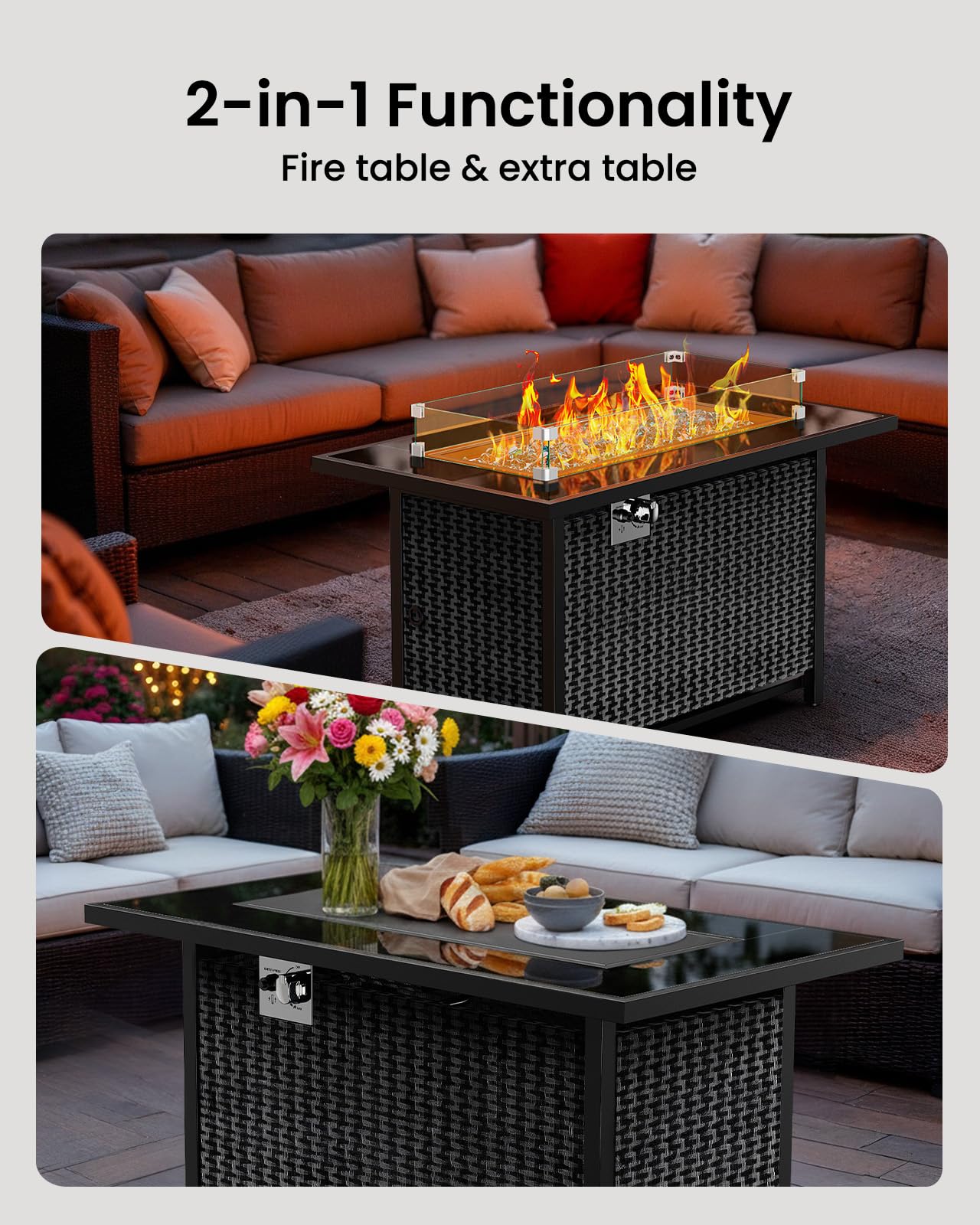 Ciays 43-Inch Rectangular Propane Fire Pit with 60,000 BTU Output, Fire Pit Table Premium Gas for Outside Patio with 304 Stainless Steel H-Burner, Glass Stones, and Wind Guard,Black