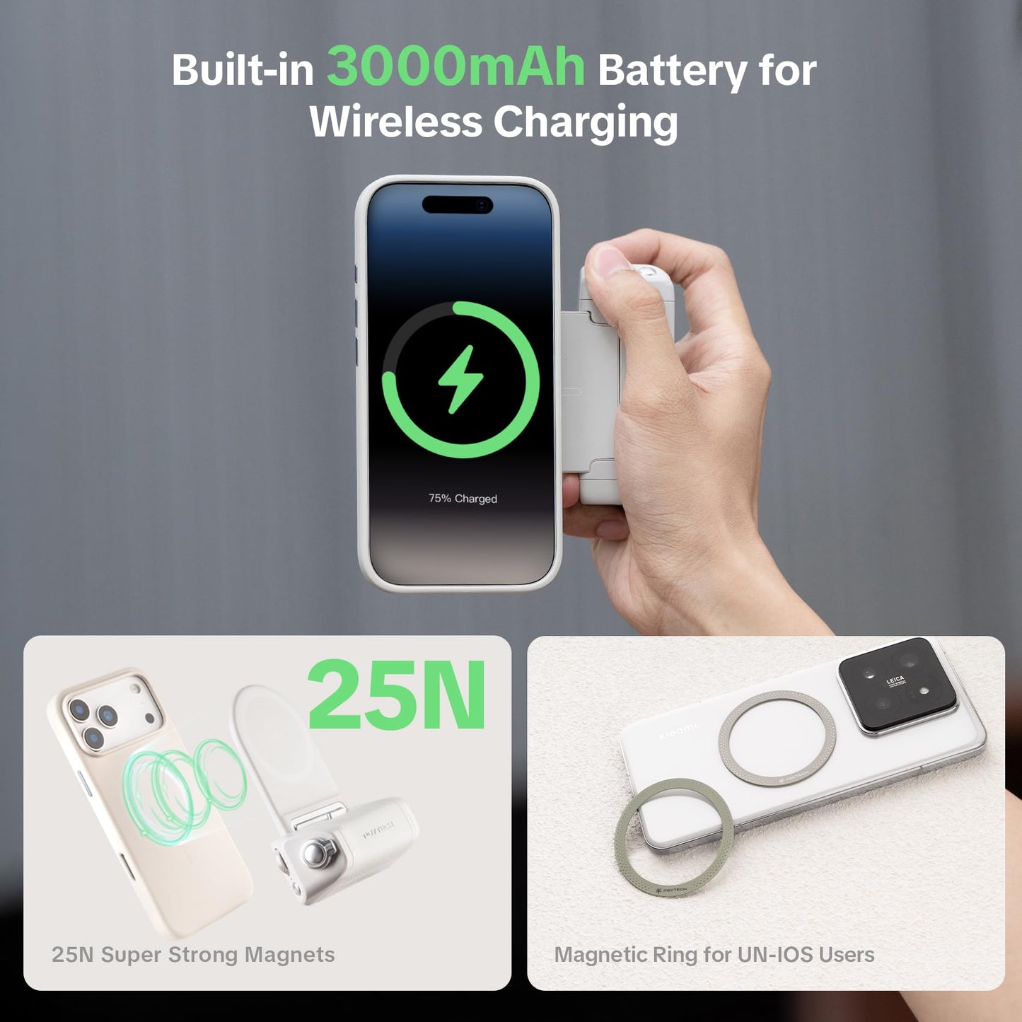 PGYTECH MagCam Phone Camera Grip with App, Built in 3000mAh Powerbank/Detachable Bluetooth Remote/Phone Stand, 3-in-1 Magnetic Camera Phone Grip with MagSafe Wireless Charging, Grey