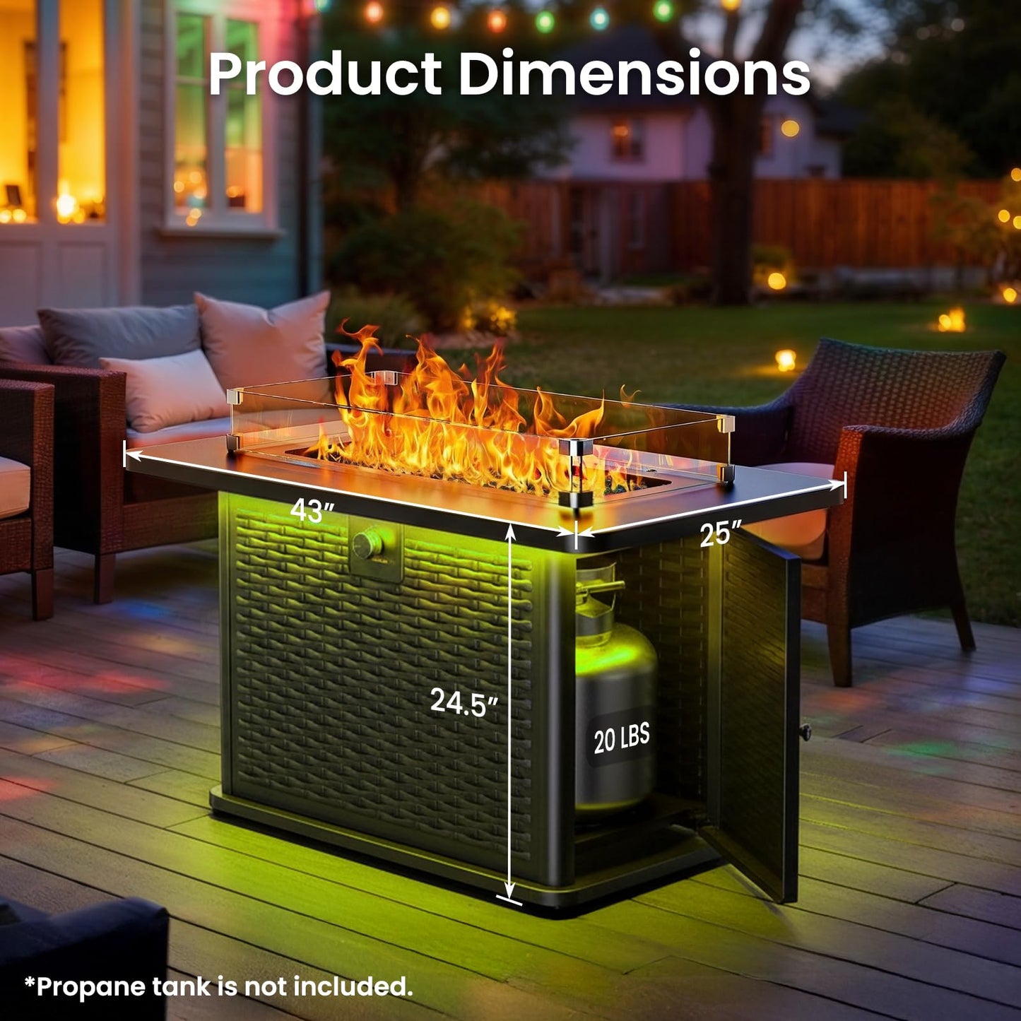 Ciays 43-Inch Rectangular Propane Fire Pit with 60,000 BTU Output, Fire Pit Table Premium Gas for Outside Patio with 304 Stainless Steel H-Burner, Glass Stones, and Wind Guard,Black