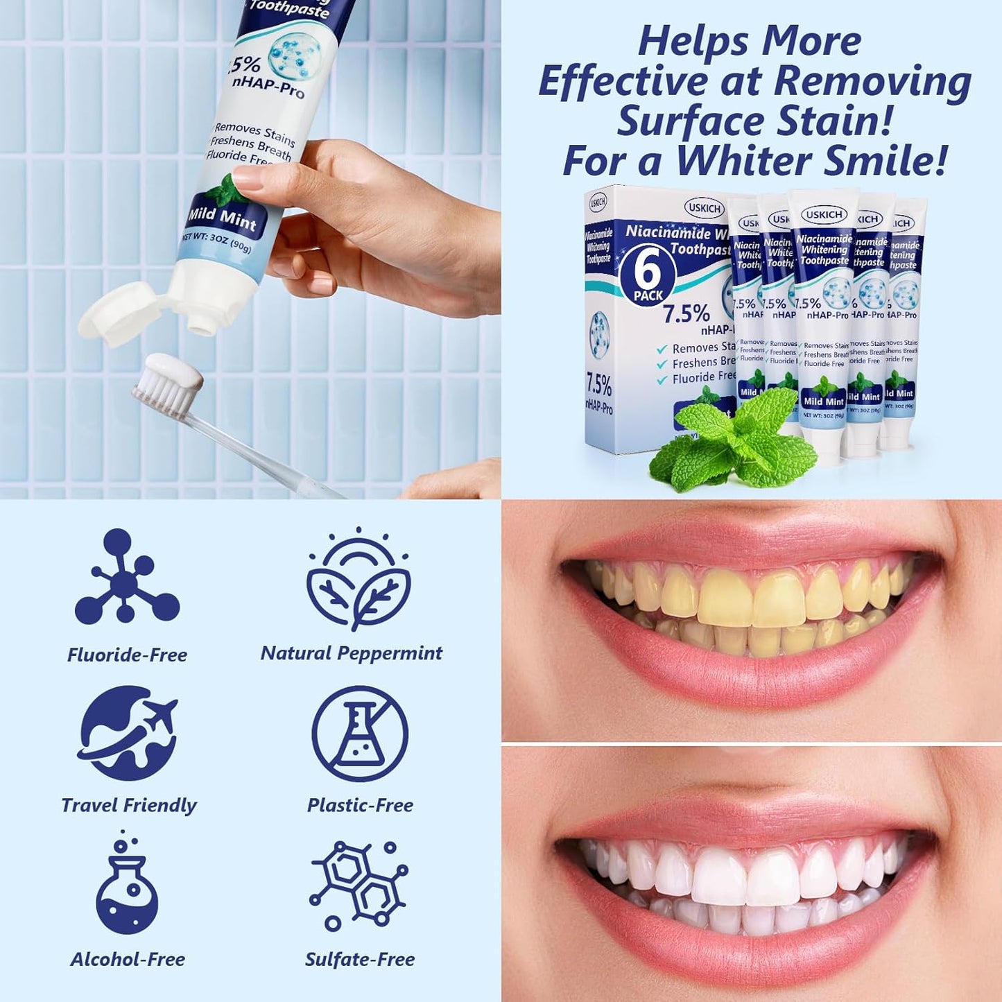 7.5% Nano-Hydroxyapatite Toothpaste,3 Pack Fresh Breath Whitening Toothpaste for Remineralizing Enamel & Sensitive Relief,Antiplaque,Natural Peppermint,Fluoride-Free